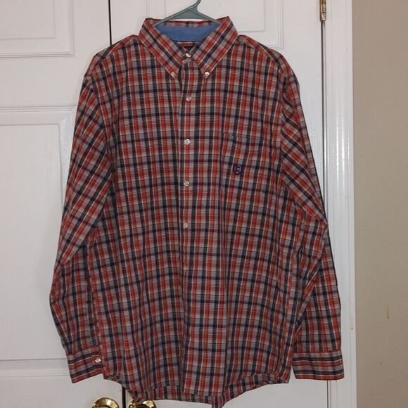 Chaps Easy Care navy reddish orange plaid button down shirt  Sz L - Picture 1 of 4